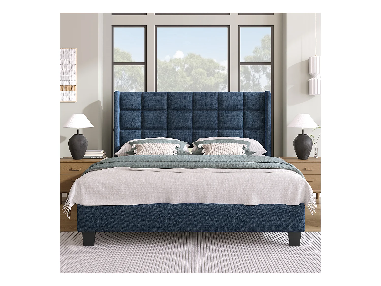 Lit double 140x200 cm Lit adulte - avec sommier à lattes en bois - lin bleu - sans matelas