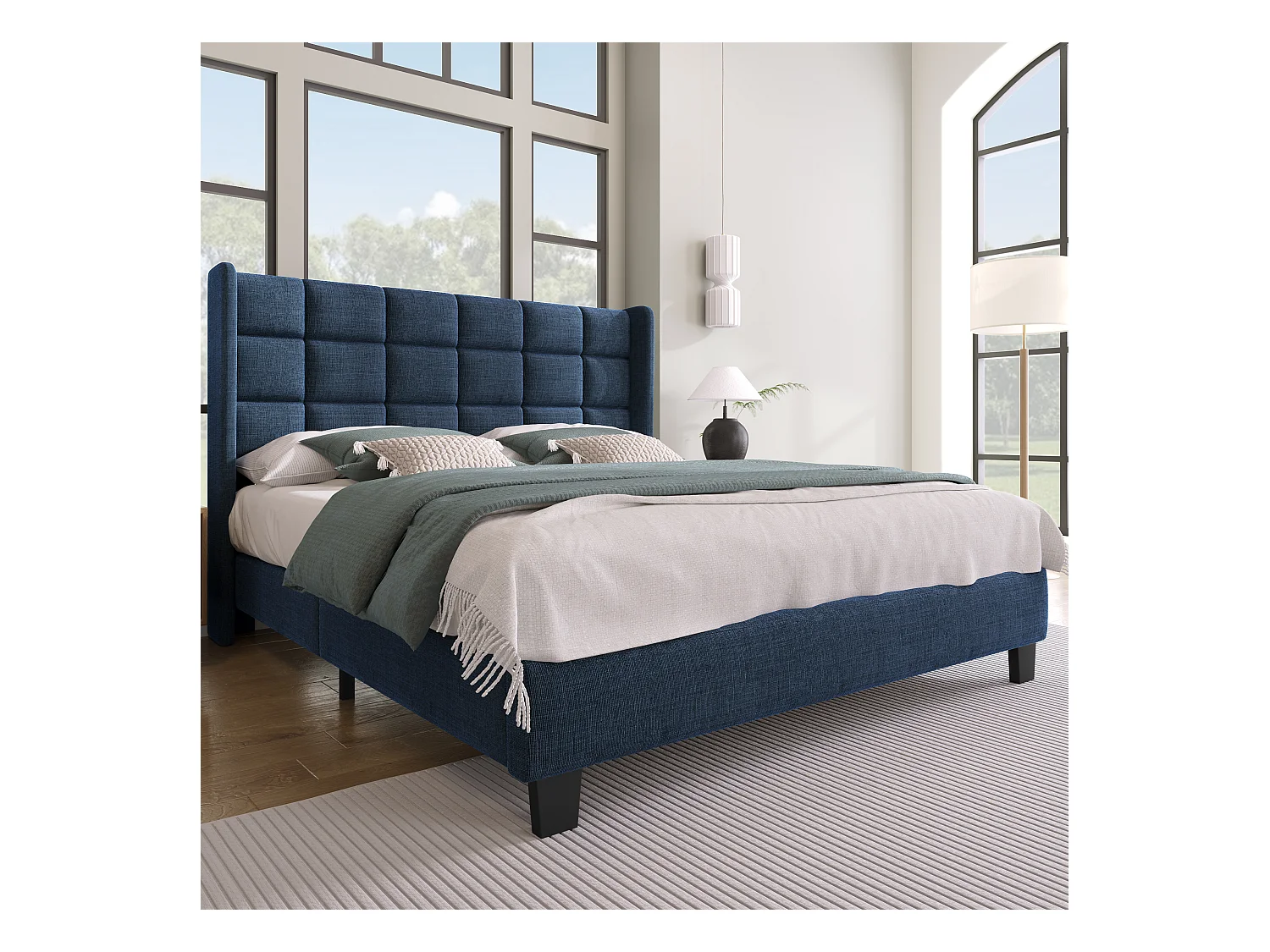 Lit double 140x200 cm Lit adulte - avec sommier à lattes en bois - lin bleu - sans matelas