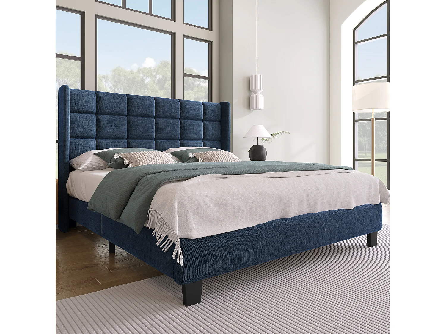 Lit double 140x200 cm Lit adulte - avec sommier à lattes en bois - lin bleu - sans matelas