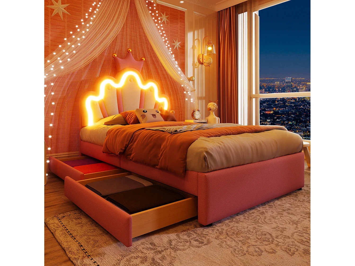 Lit enfant 90x200 cm Lit enfant - PU rose - éclairage LED - Lit ado avec 2 tiroirs et tête de lit réglable