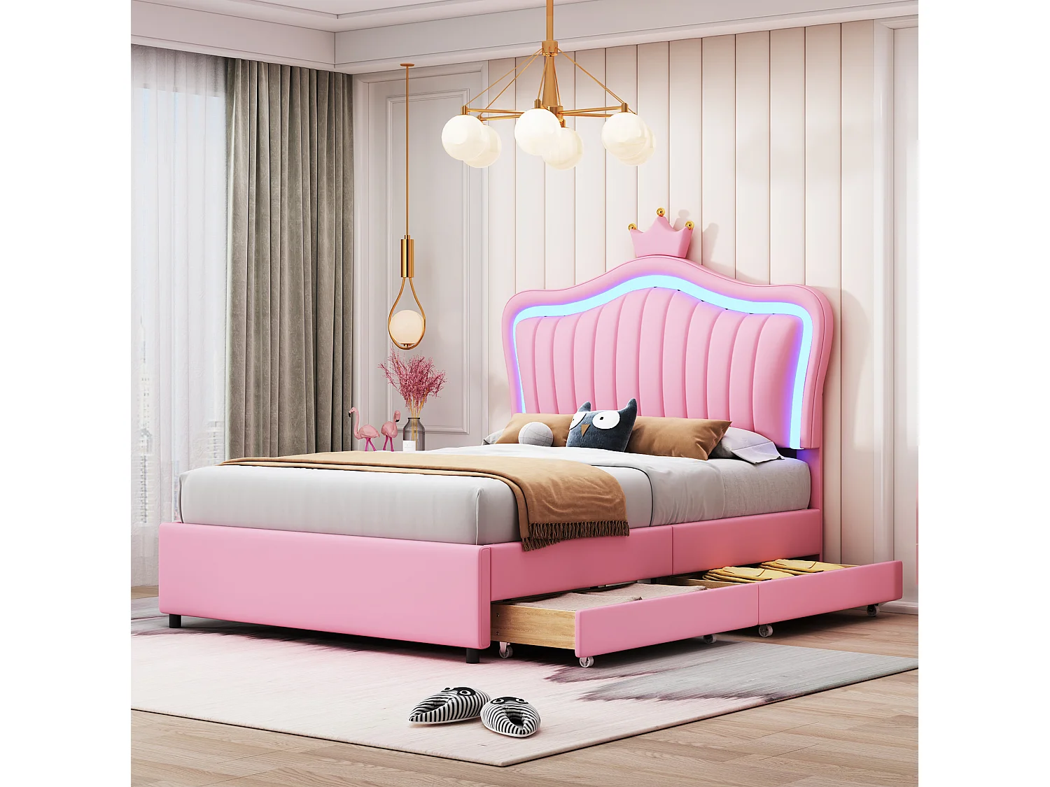 Lit simple 90 x 200 cm - PU rose - Lit enfant avec tiroirs de rangement et éclairage LED