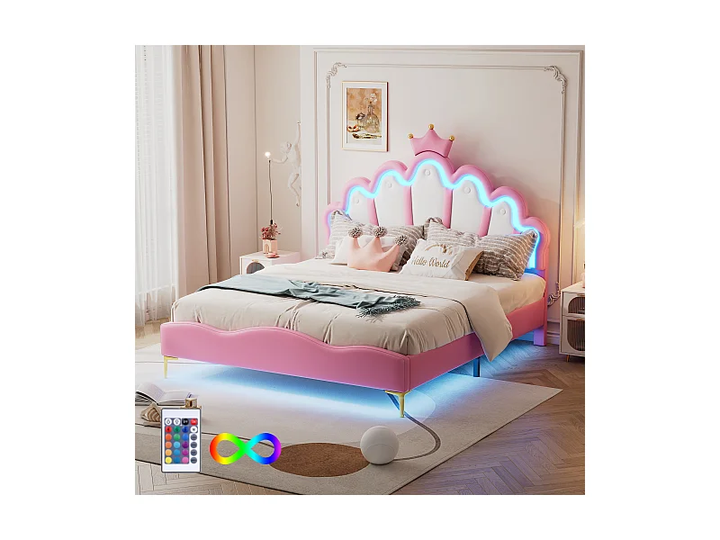Lit double 140x200 cm - Cuir PU rose - Lit adulte avec lumière LED réglable - sans matelas
