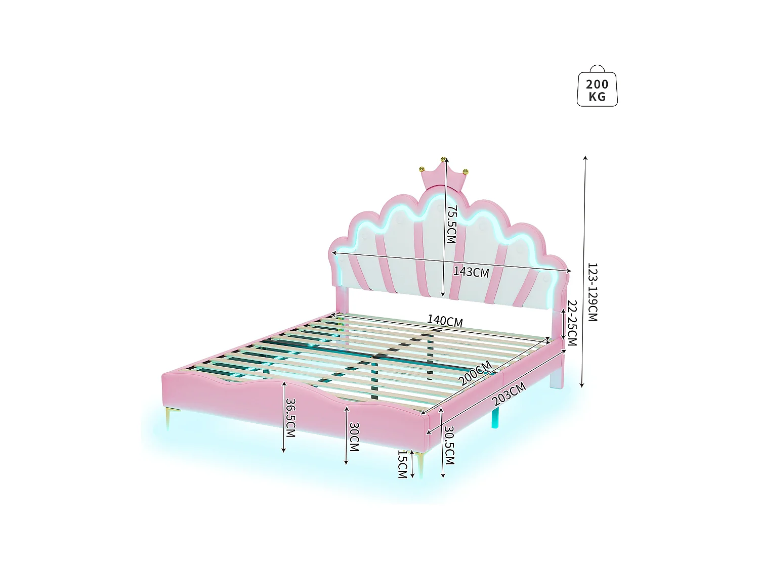 Lit double 140x200 cm - Cuir PU rose - Lit adulte avec lumière LED réglable - sans matelas