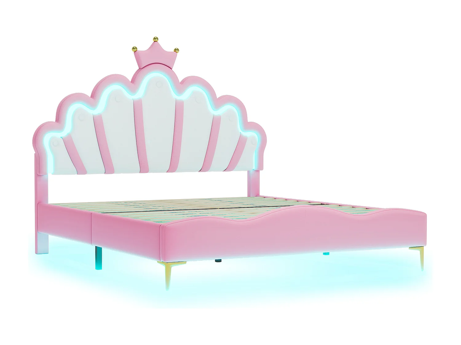 Lit double 140x200 cm - Cuir PU rose - Lit adulte avec lumière LED réglable - sans matelas