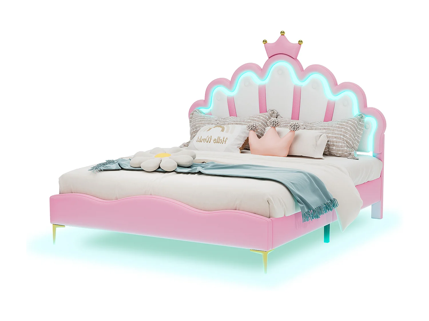 Lit double 140x200 cm - Cuir PU rose - Lit adulte avec lumière LED réglable - sans matelas