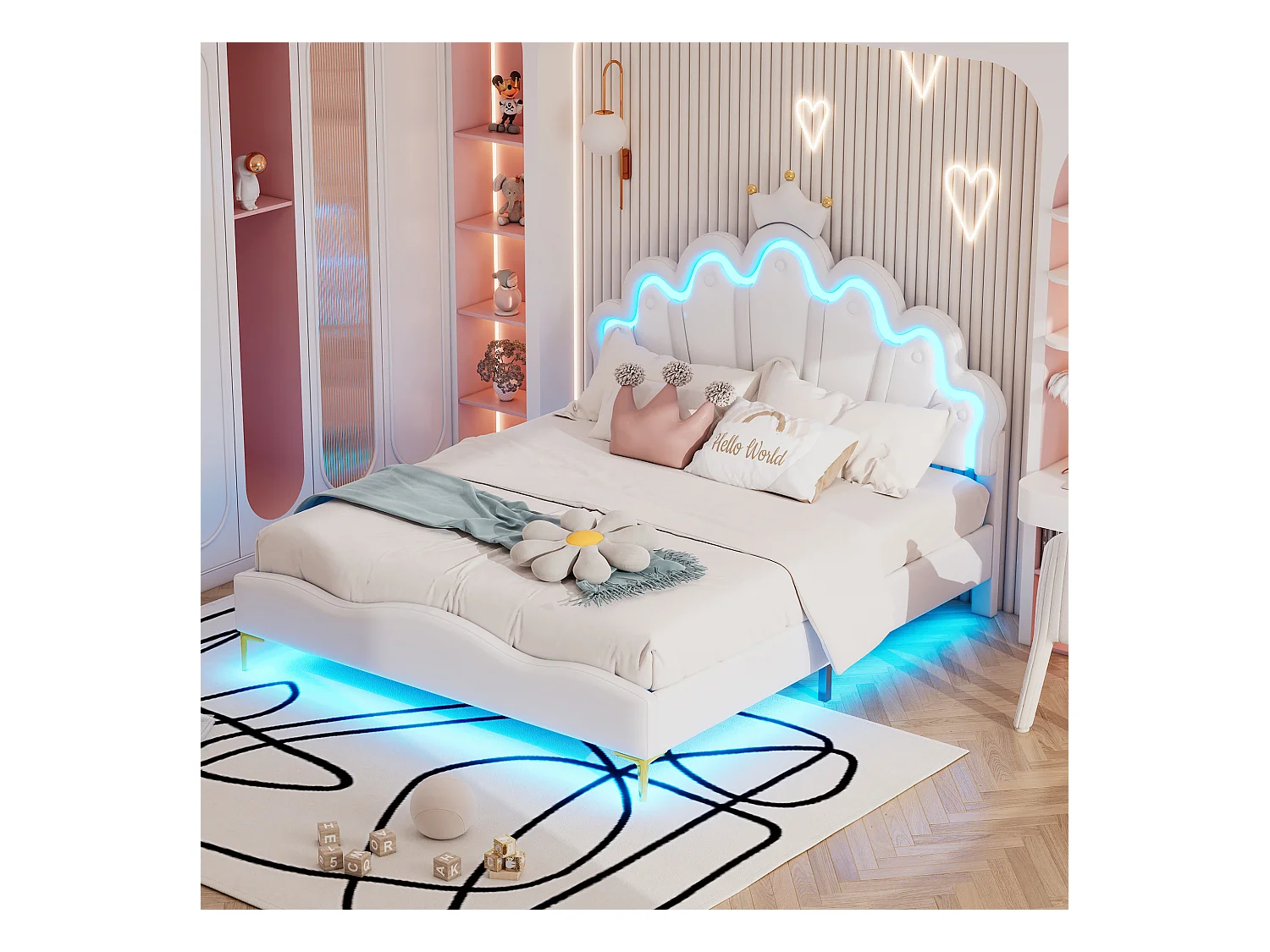 Lit double 140x200 cm - Cuir PU blanc - Lit adulte avec éclairage LED réglable - sans matelas