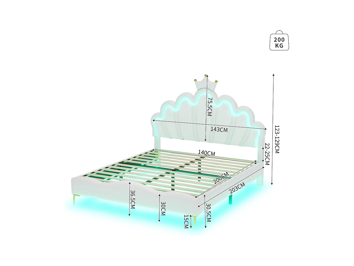 Lit double 140x200 cm - Cuir PU blanc - Lit adulte avec éclairage LED réglable - sans matelas