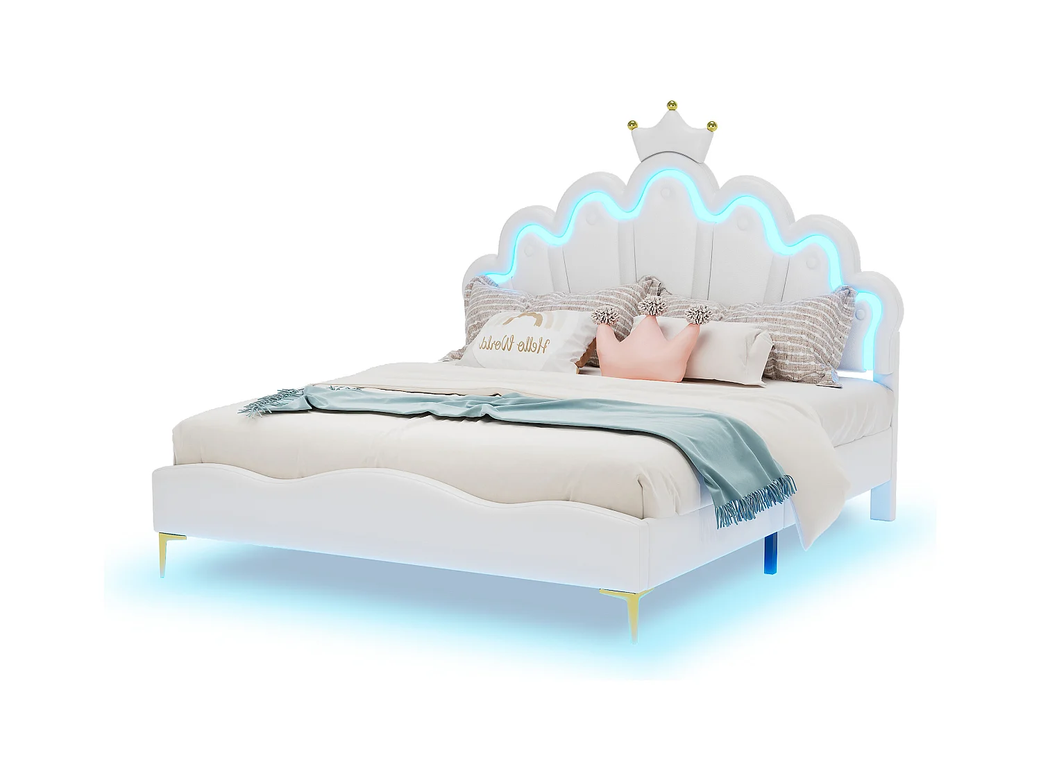 Lit double 140x200 cm - Cuir PU blanc - Lit adulte avec éclairage LED réglable - sans matelas
