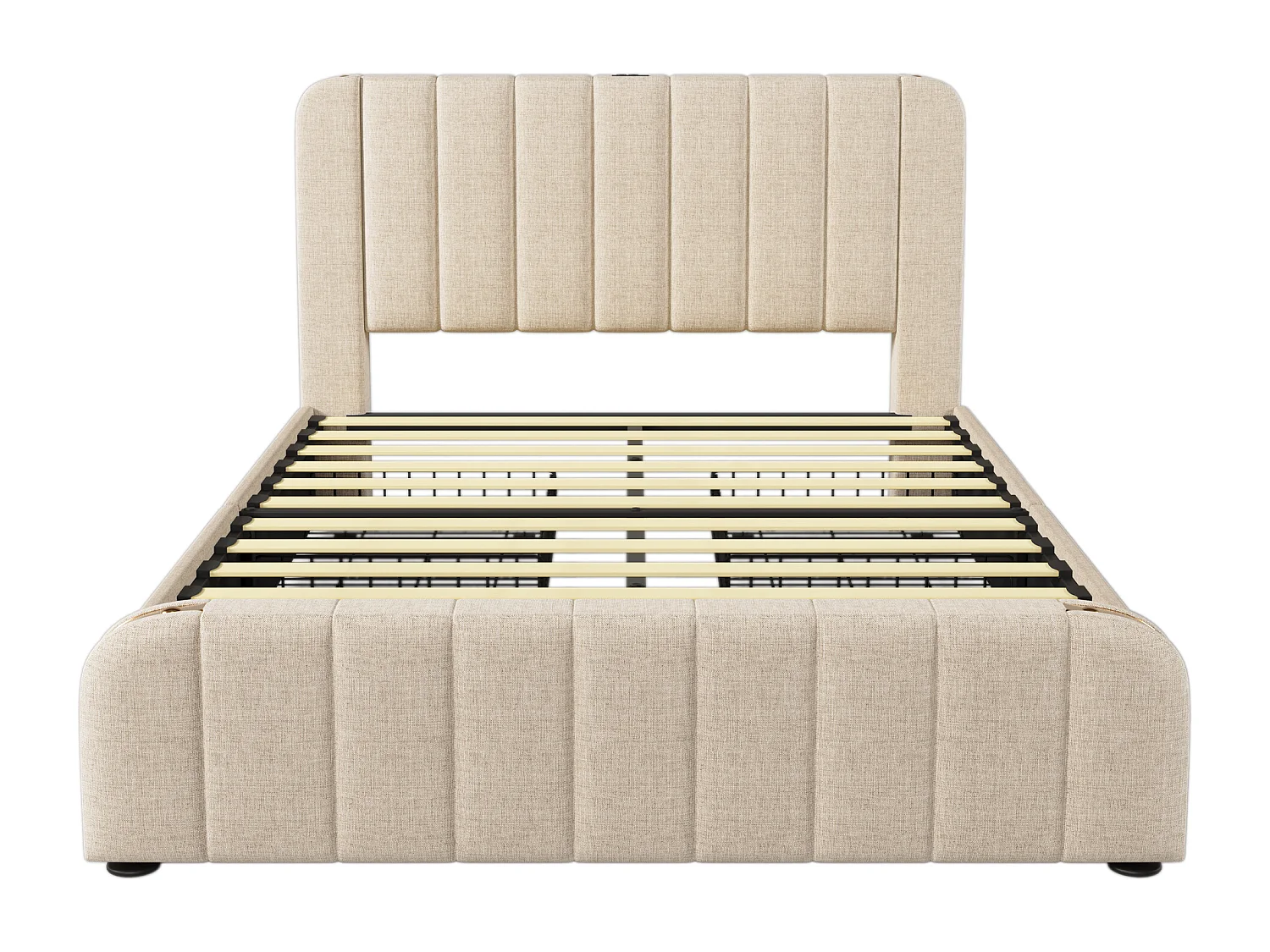Lit double 160x200 cm - Lin adulte beige - avec chargement USB Type-C - 4 tiroirs - sans matelas