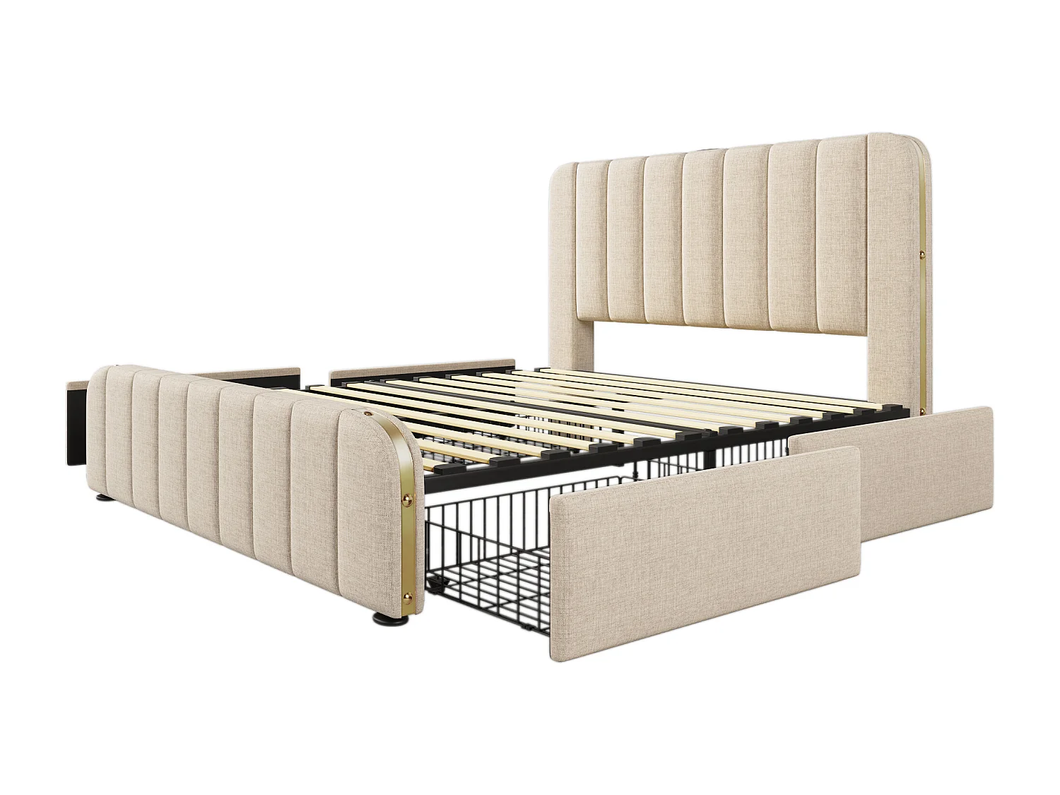 Lit double 160x200 cm - Lin adulte beige - avec chargement USB Type-C - 4 tiroirs - sans matelas