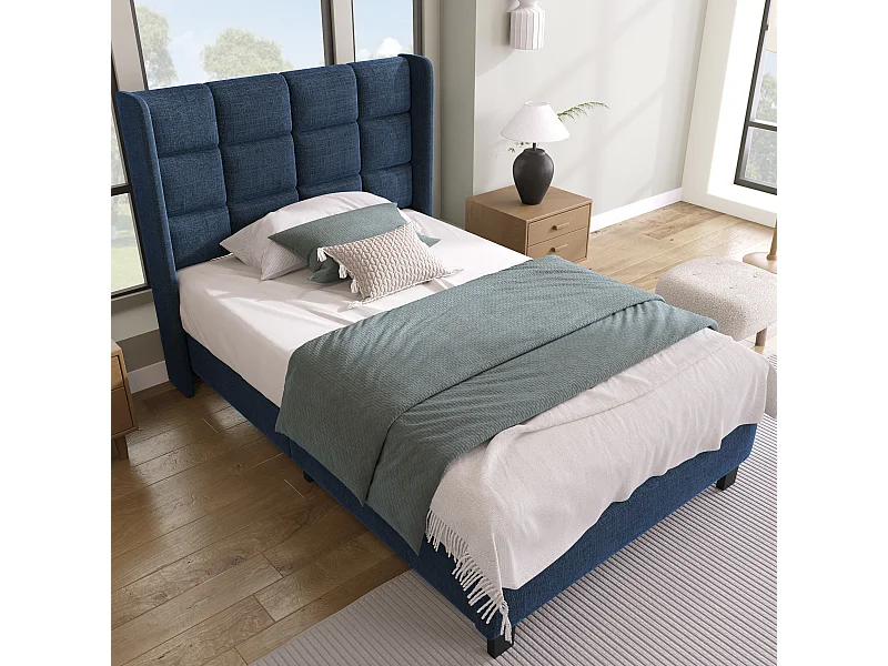 Lit simple 90x200 cm Lit ado - avec sommier à lattes en bois - lin bleu - sans matelas