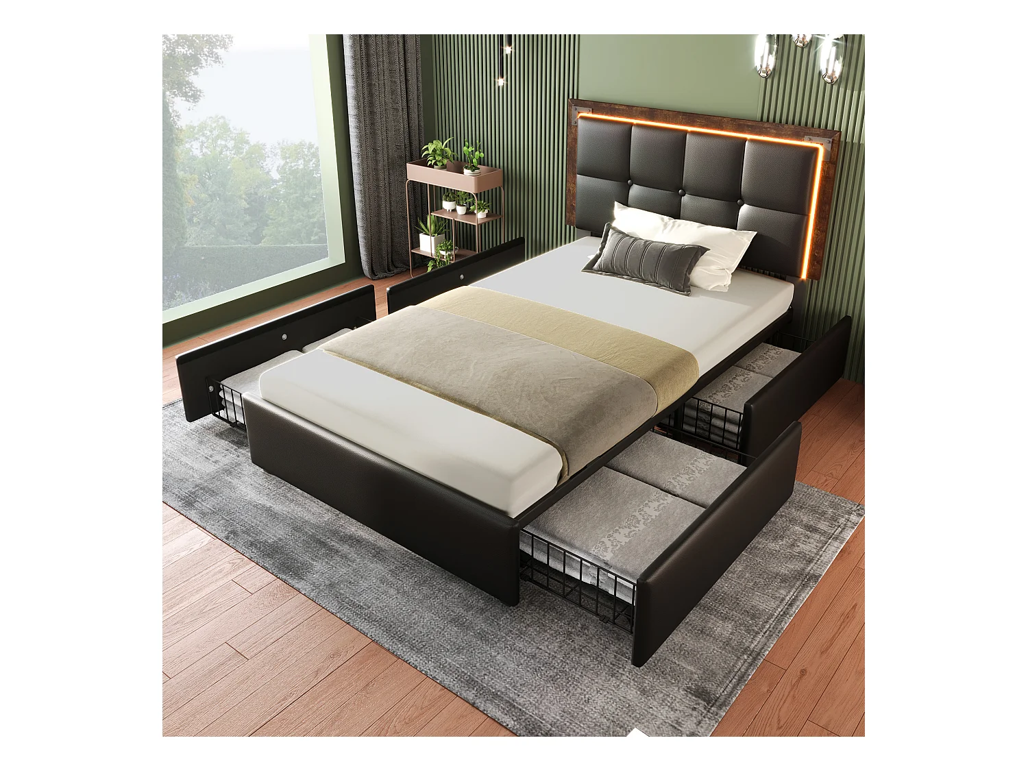 Lit simple 90x200 cm - tête de lit réglable - Lit enfant avec LED et 4 tiroirs - PU noir - sans matelas