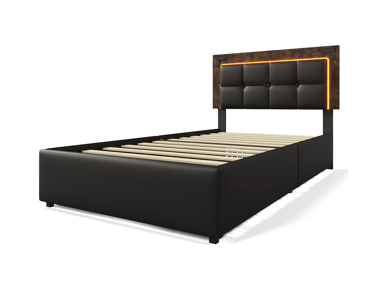 Lit simple 90x200 cm - tête de lit réglable - Lit enfant avec LED et 4 tiroirs - PU noir - sans matelas