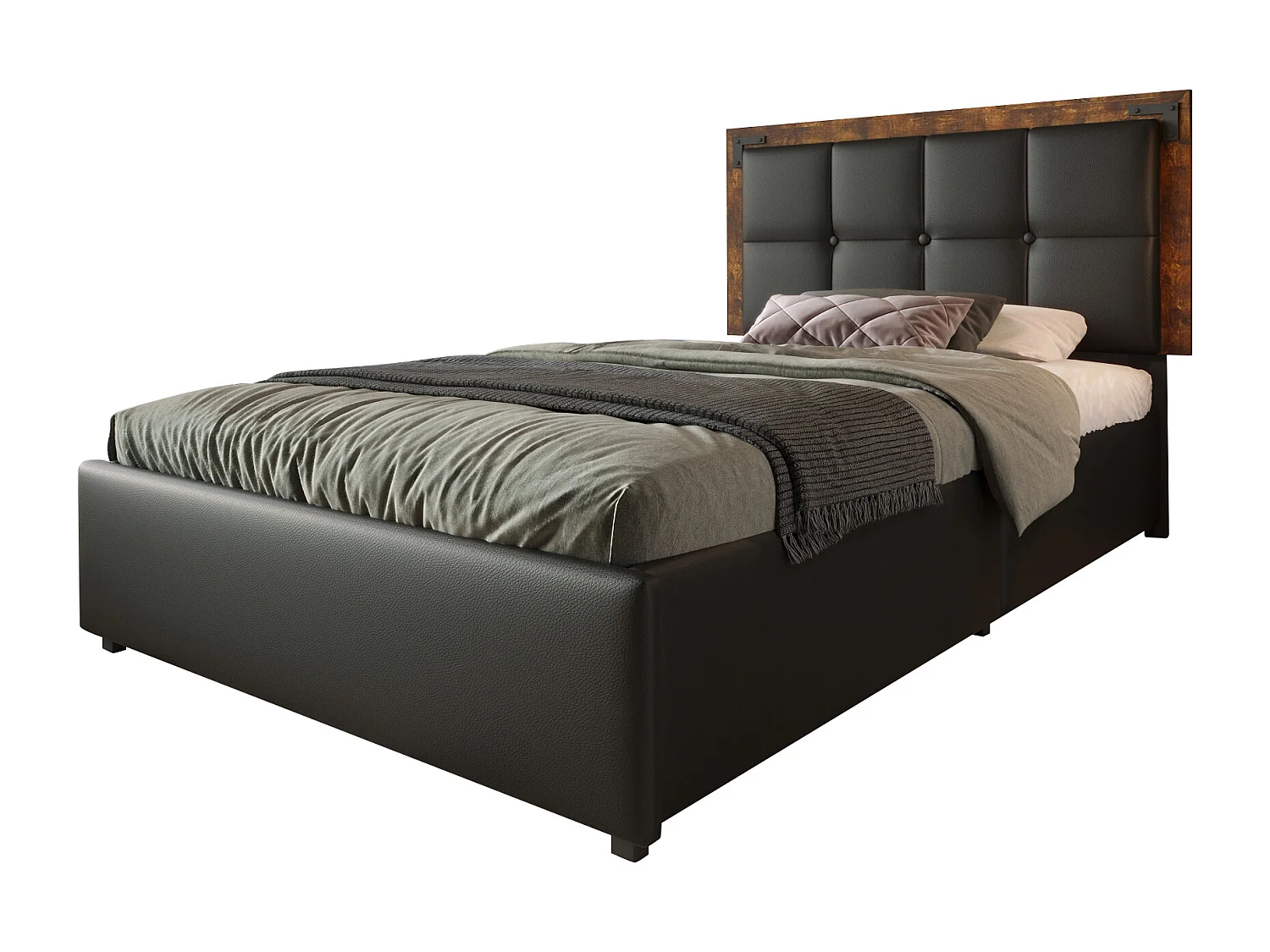 Lit simple 90x200 cm - tête de lit réglable - Lit enfant avec LED et 4 tiroirs - PU noir - sans matelas