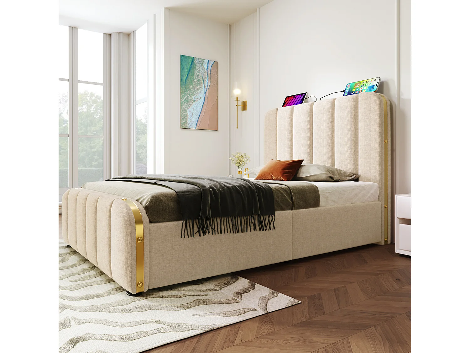 Lit simple 90x200 cm - Lin enfant beige - avec chargement USB Type-C - 4 tiroirs - sans matelas