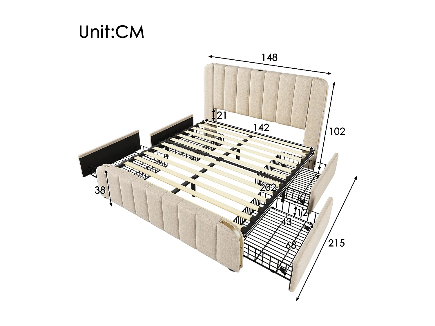 Lit adulte 140x200 cm - avec chargement USB Type-C - 4 tiroirs - lin beige - sans matelas
