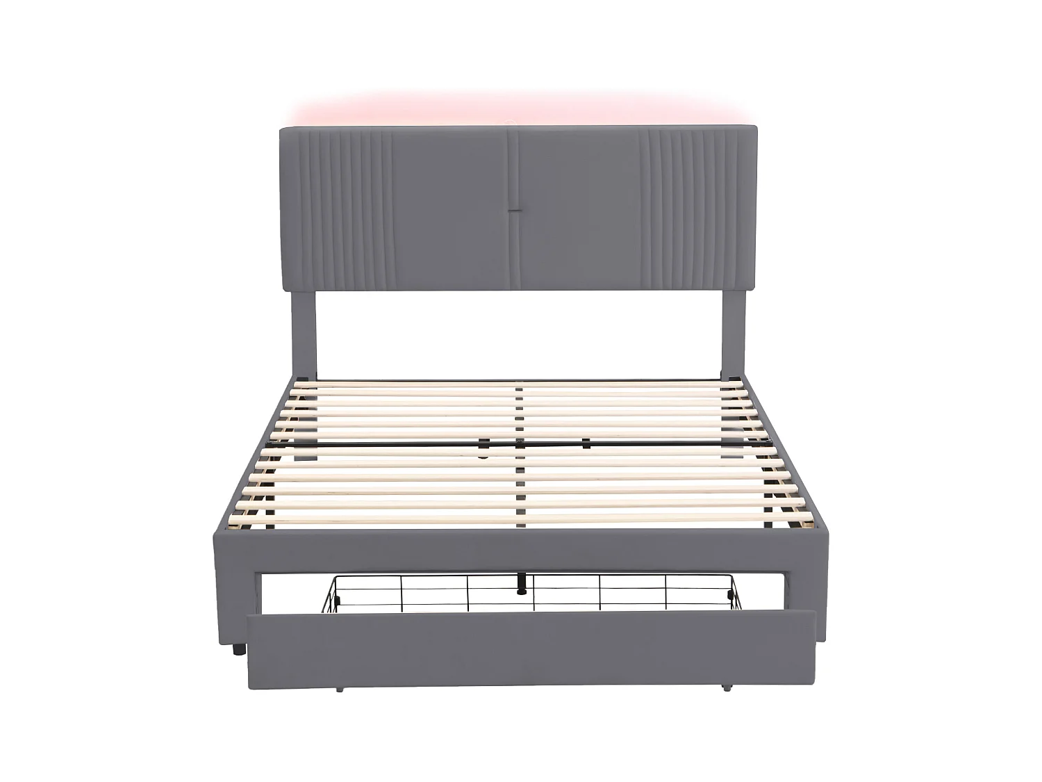 Lit adulte 140x200 cm - velours gris - lit double avec bandeau lumineux et port USB - tiroir de rangement