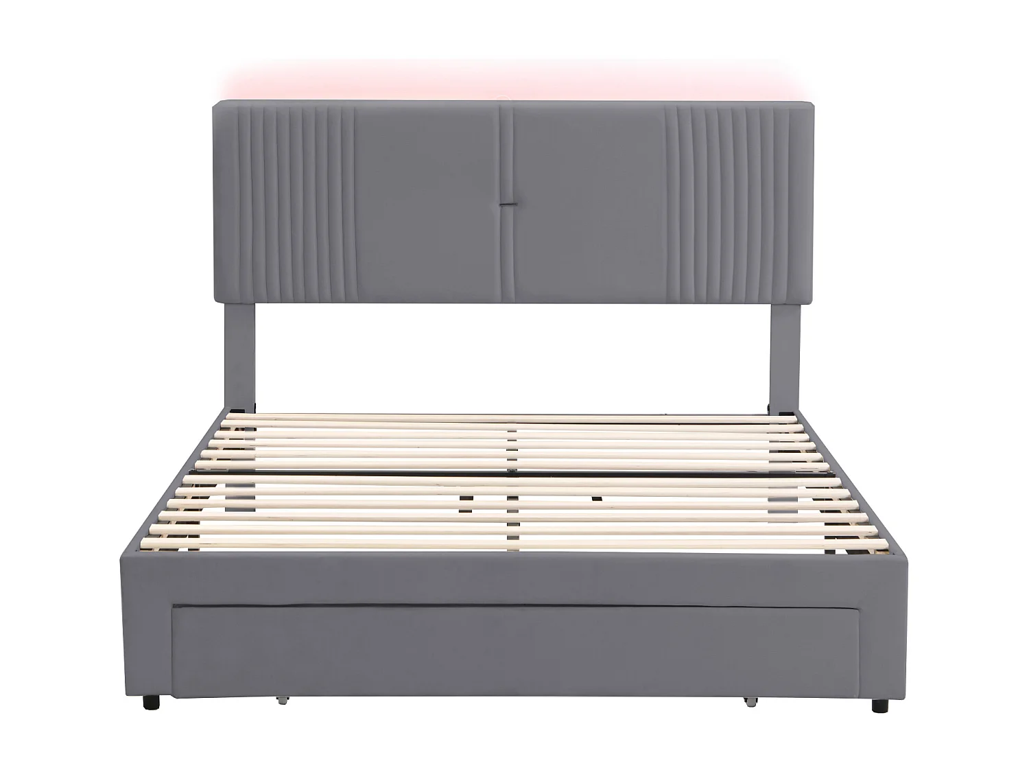 Lit adulte 140x200 cm - velours gris - lit double avec bandeau lumineux et port USB - tiroir de rangement