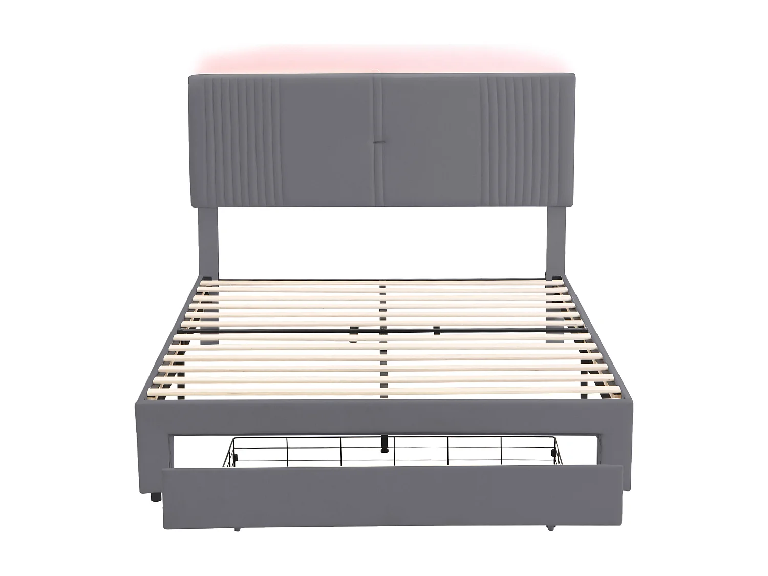 Lit adulte 140x200 cm - velours gris - lit double avec bandeau lumineux et port USB - tiroir de rangement