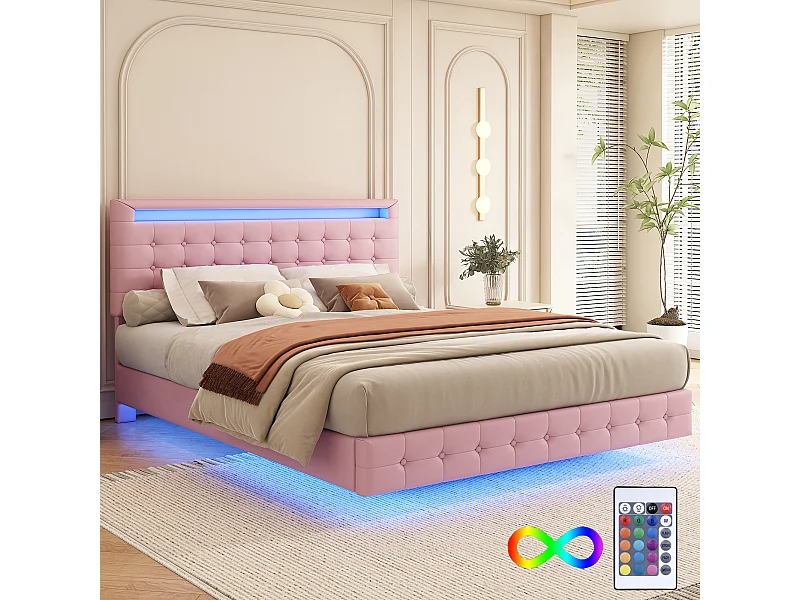 Lit adulte 140x200 cm - PU rose - Lit double avec éclairage LED - Tête de lit réglable
