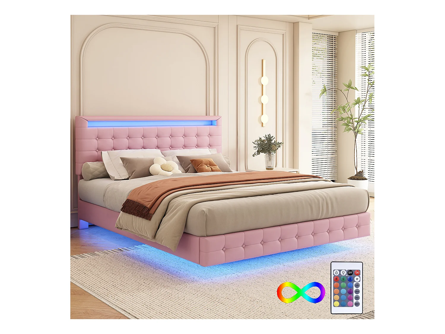 Lit adulte 140x200 cm - PU rose - Lit double avec éclairage LED - Tête de lit réglable