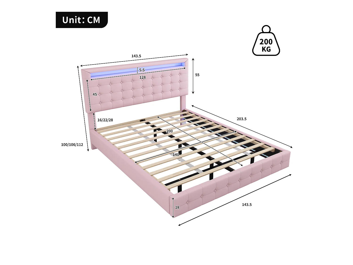 Lit adulte 140x200 cm - PU rose - Lit double avec éclairage LED - Tête de lit réglable