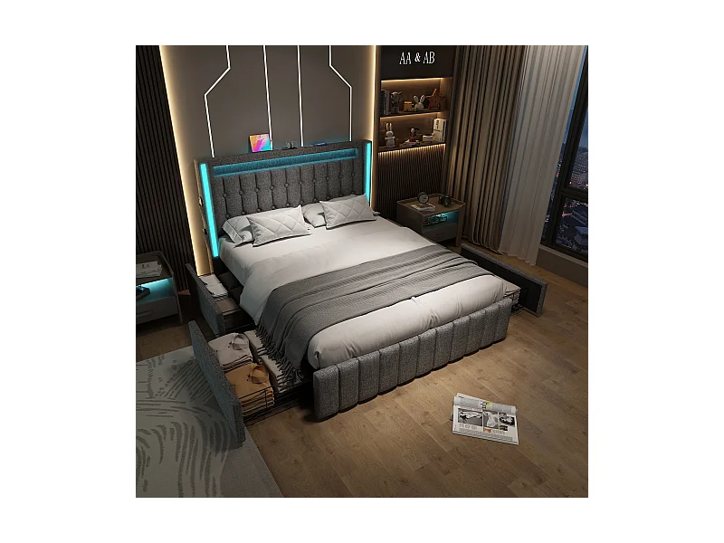Lit double 160x200 cm - Lin gris - avec LED et chargement USB - 4 tiroirs - sans matelas