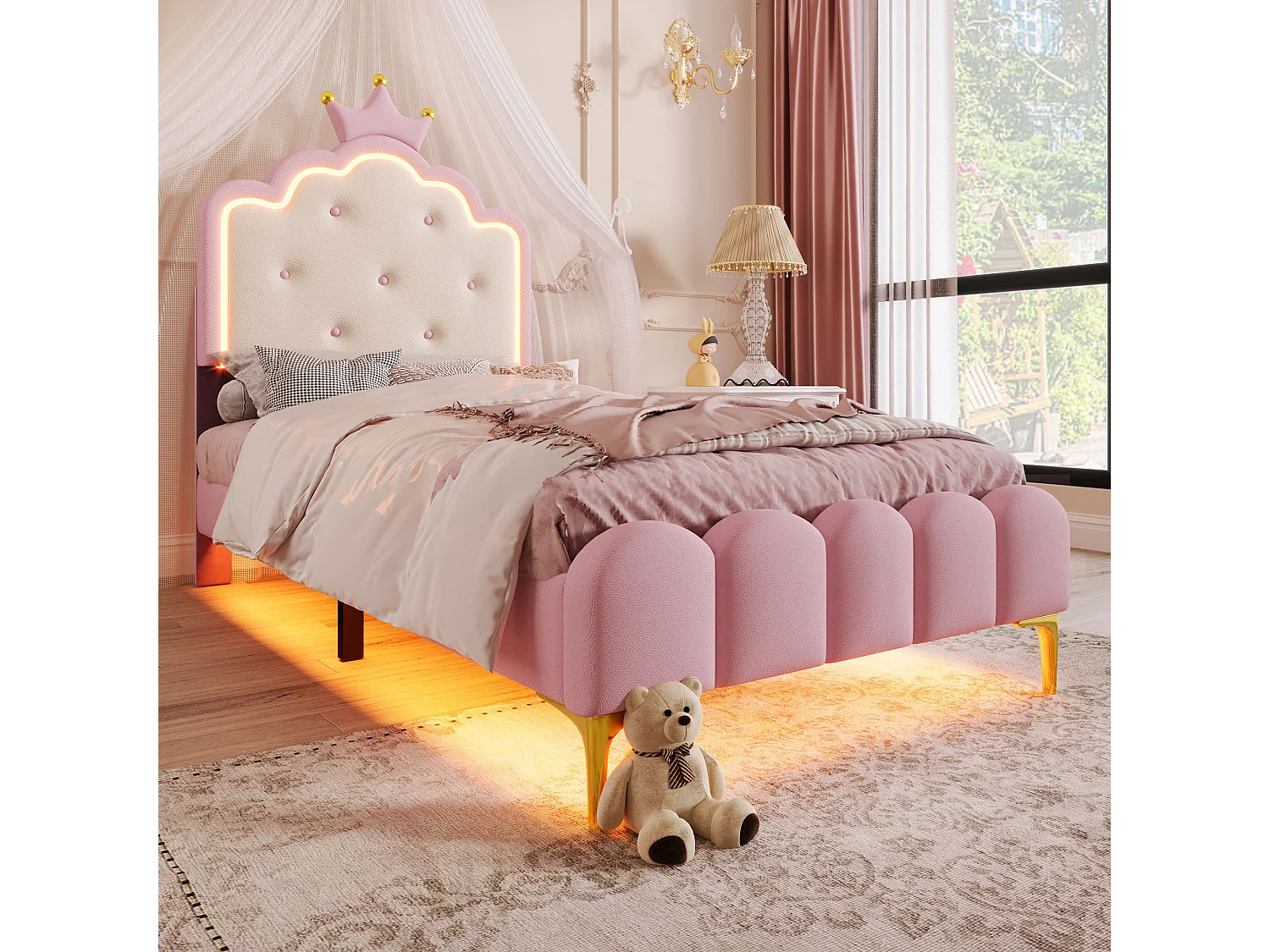 Lit enfant 90x200 cm  - PU rose - Lit simple  avec éclairage LED - sans matelas