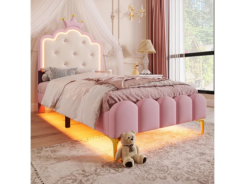 Lit enfant 90x200 cm  - PU rose - Lit simple  avec éclairage LED - sans matelas