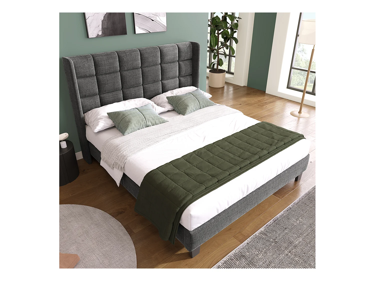 Lit adulte 140x200 cm - Lit double avec sommier à lattes en bois - lin gris - sans matelas