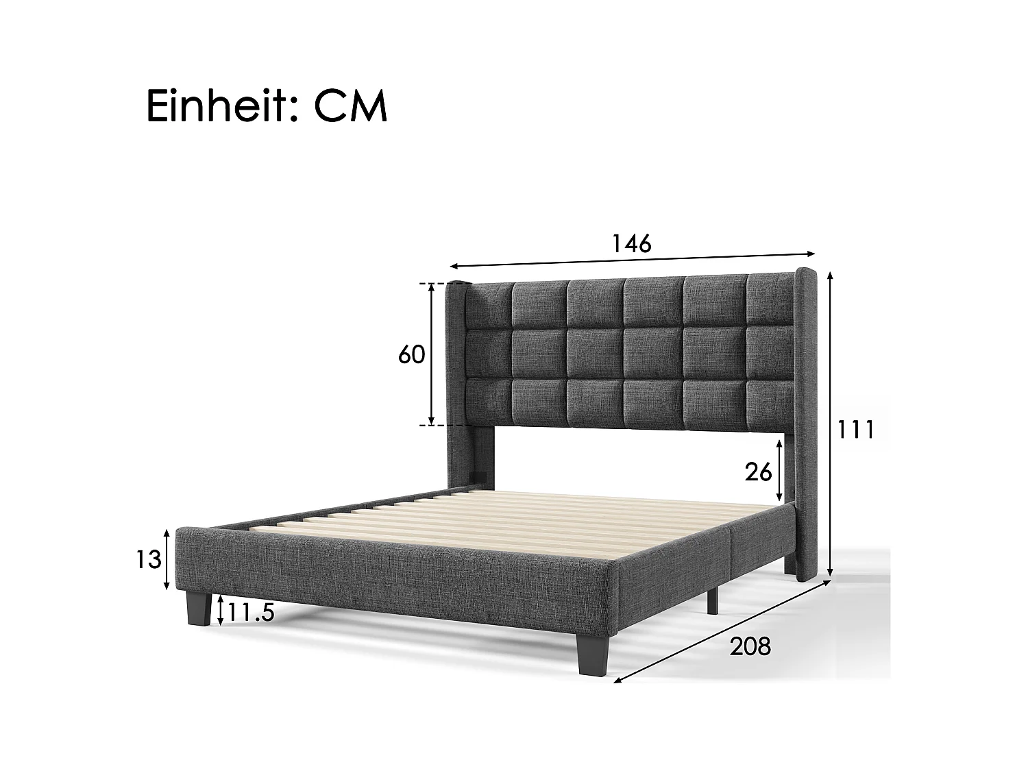 Lit adulte 140x200 cm - Lit double avec sommier à lattes en bois - lin gris - sans matelas
