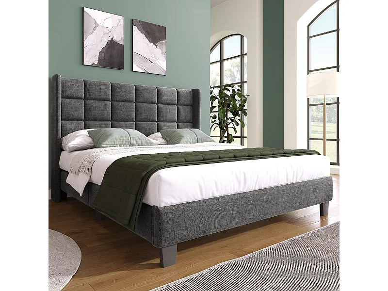 Lit adulte 140x200 cm - Lit double avec sommier à lattes en bois - lin gris - sans matelas