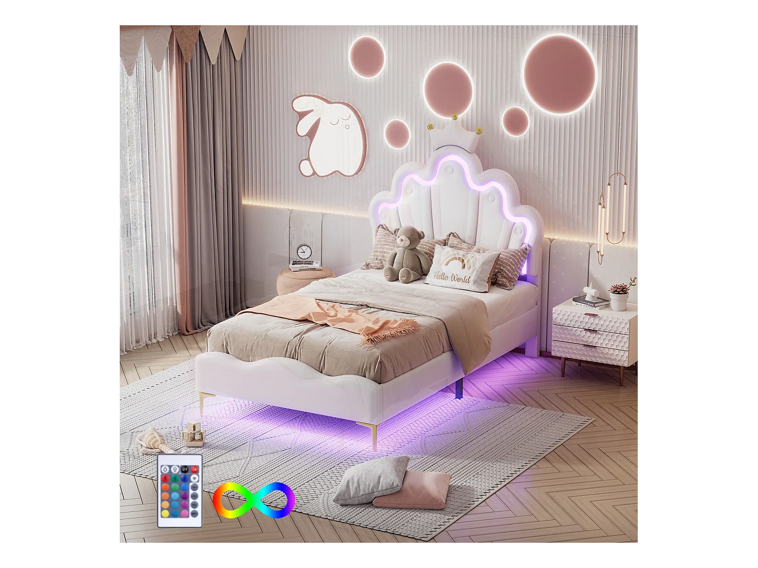 Lit enfant 90x200 cm  - cuir PU blanc - Lit simple avec bande lumineuse LED réglable - sans matelas