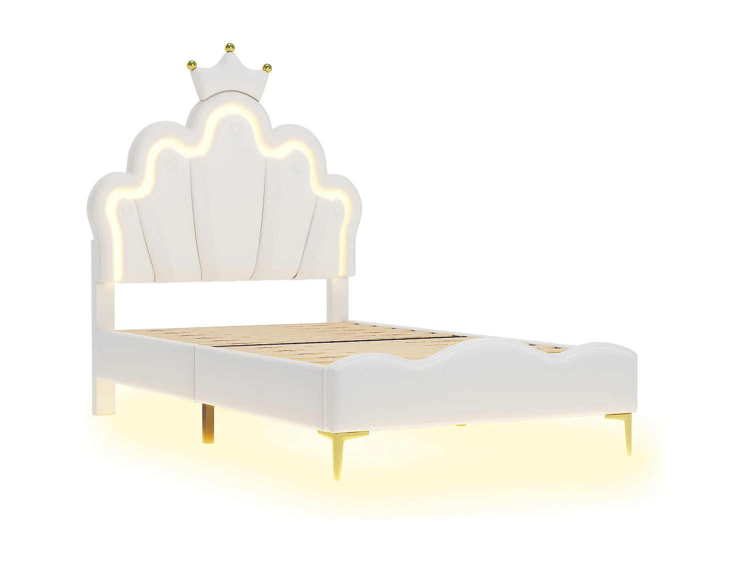 Lit enfant 90x200 cm  - cuir PU blanc - Lit simple avec bande lumineuse LED réglable - sans matelas