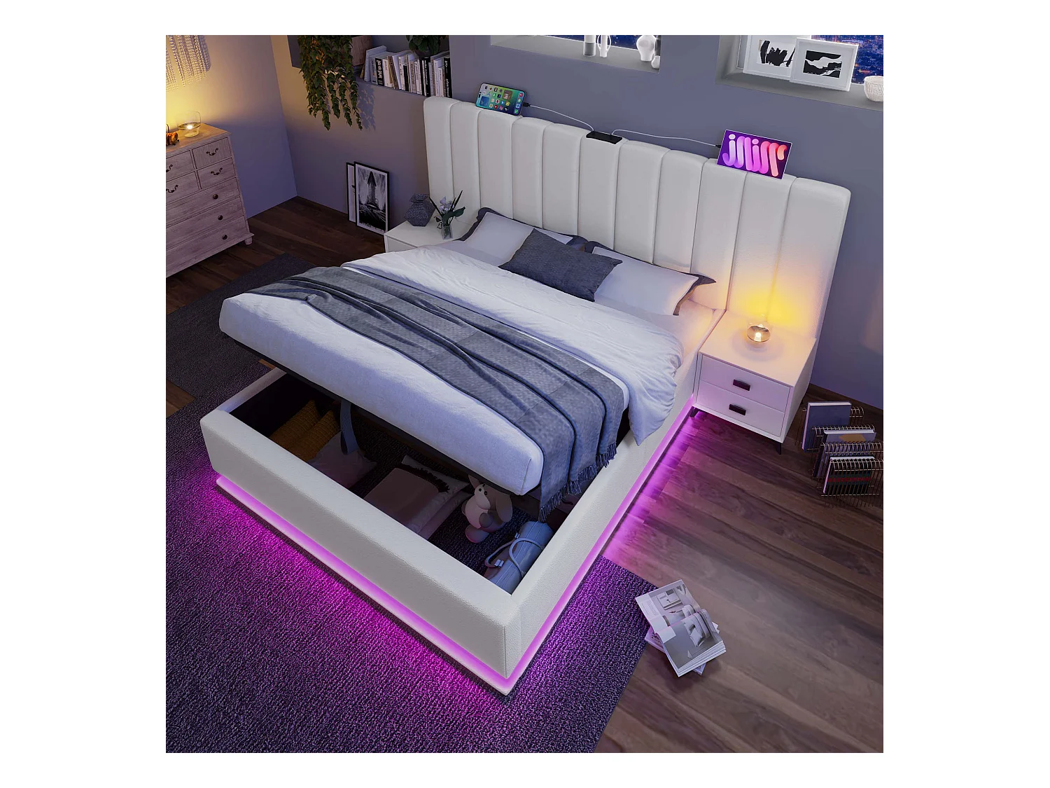 Lit coffre 180x200 cm - lit capitonné double avec LED et fonction de charge USB-C - lin - blanc - sans matelas ni chevets