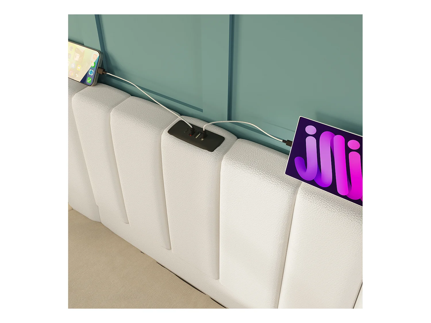 Lit coffre 180x200 cm - lit capitonné double avec LED et fonction de charge USB-C - lin - blanc - sans matelas ni chevets