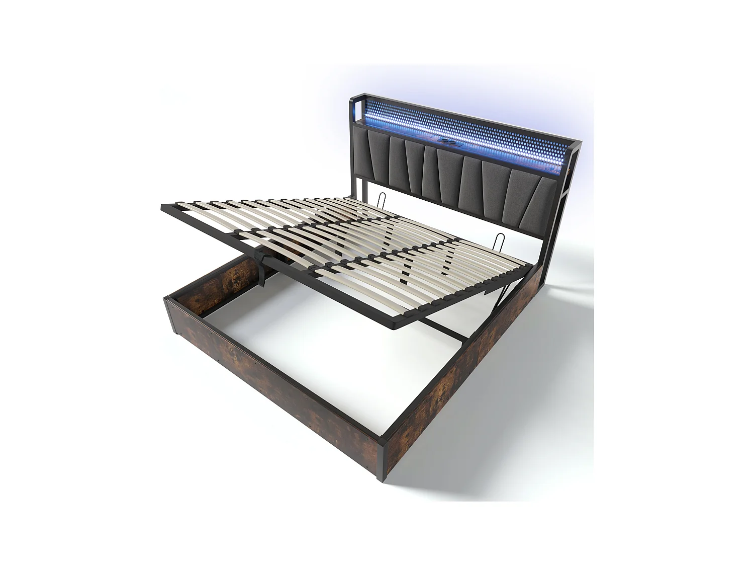 Lit coffre 180x200 cm - lit capitonné en métal avec recharge USB et éclairage LED - lin - gris - sans matelas