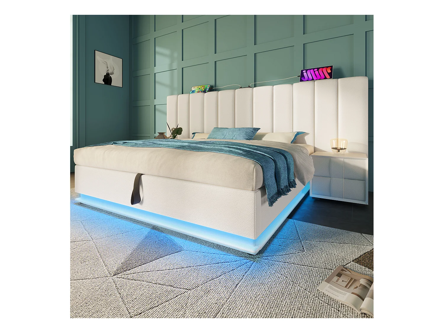 Lit coffre 160x200 cm - lit capitonné double avec LED et fonction de charge USB-C - lin - blanc - sans matelas ni chevets