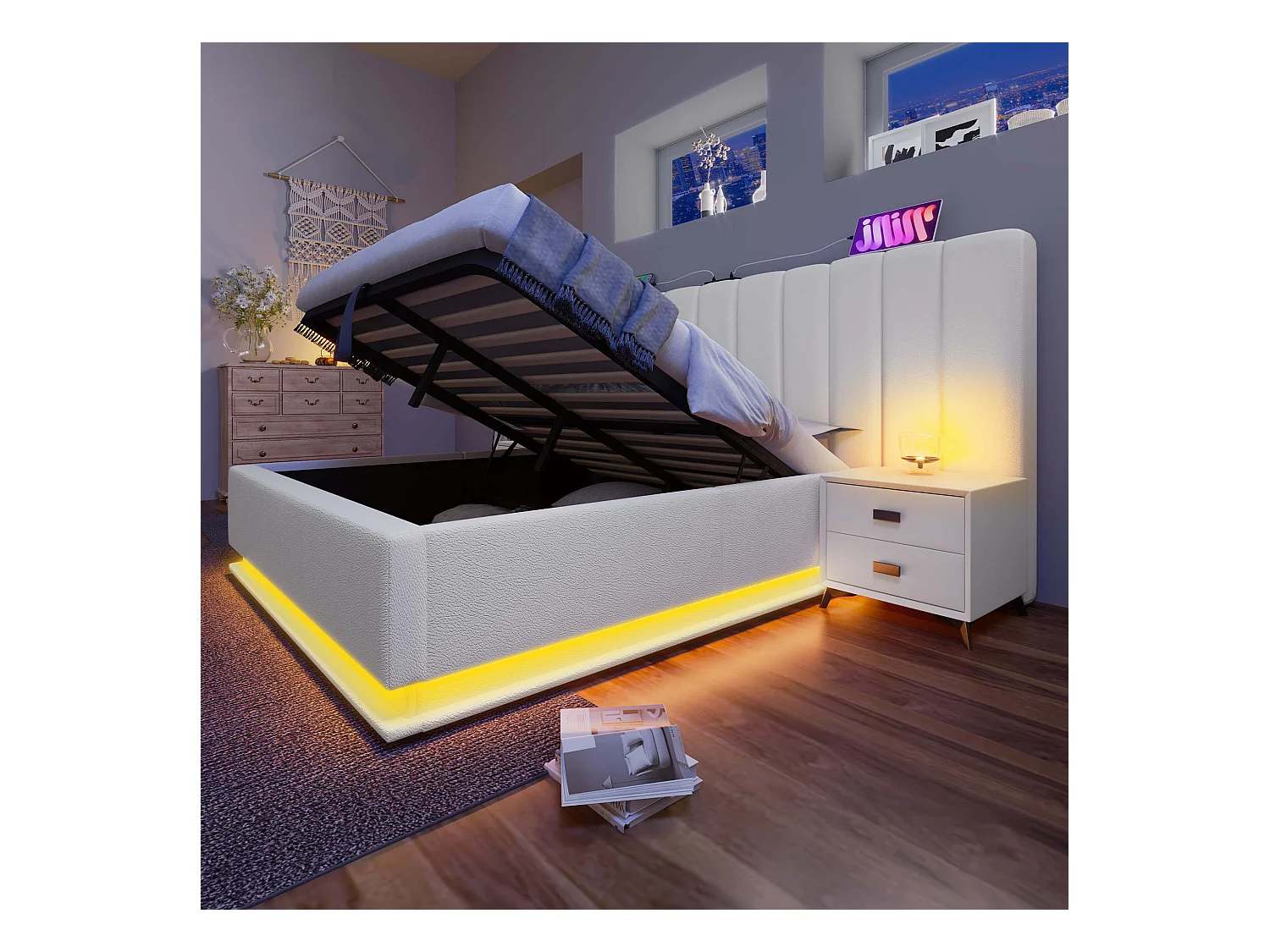 Lit coffre 160x200 cm - lit capitonné double avec LED et fonction de charge USB-C - lin - blanc - sans matelas ni chevets