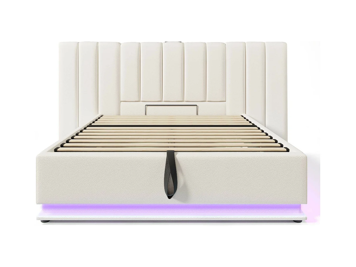 Lit coffre 160x200 cm - lit capitonné double avec LED et fonction de charge USB-C - lin - blanc - sans matelas ni chevets