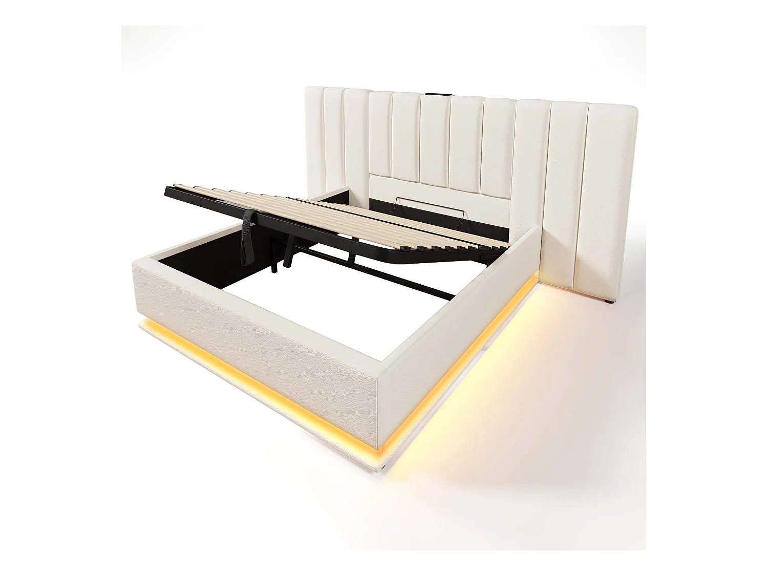 Lit coffre 160x200 cm - lit capitonné double avec LED et fonction de charge USB-C - lin - blanc - sans matelas ni chevets