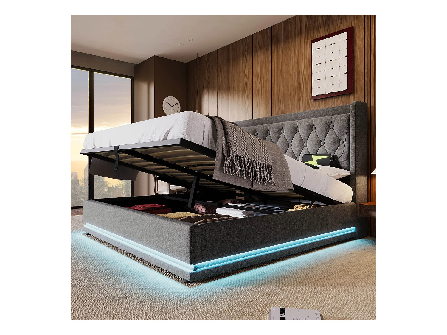 Lit coffre 160x200 cm - lit capitonné avec chargement USB Type-C et lumière LED - coton - gris - sans matelas