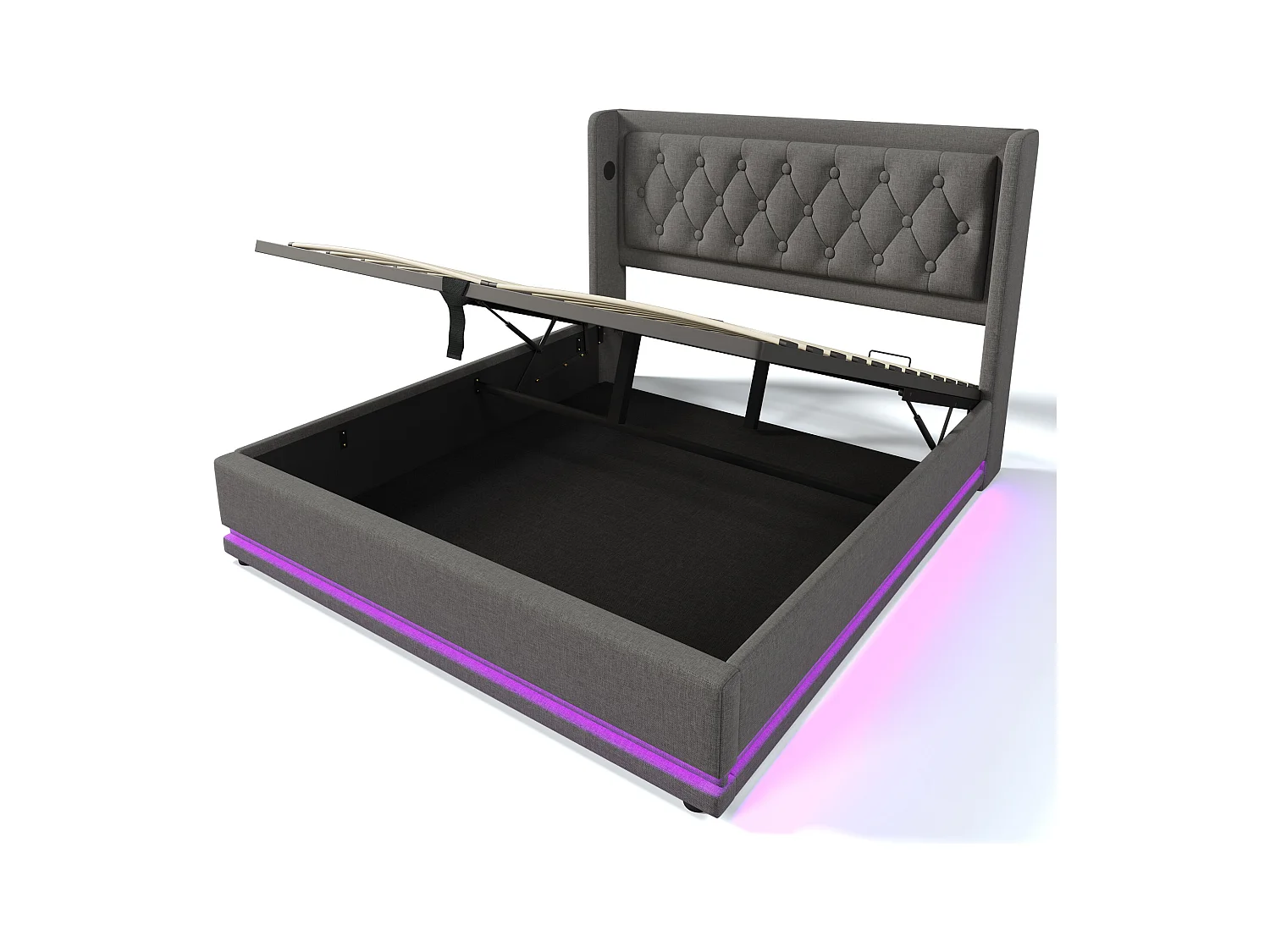 Lit coffre 160x200 cm - lit capitonné avec chargement USB Type-C et lumière LED - coton - gris - sans matelas