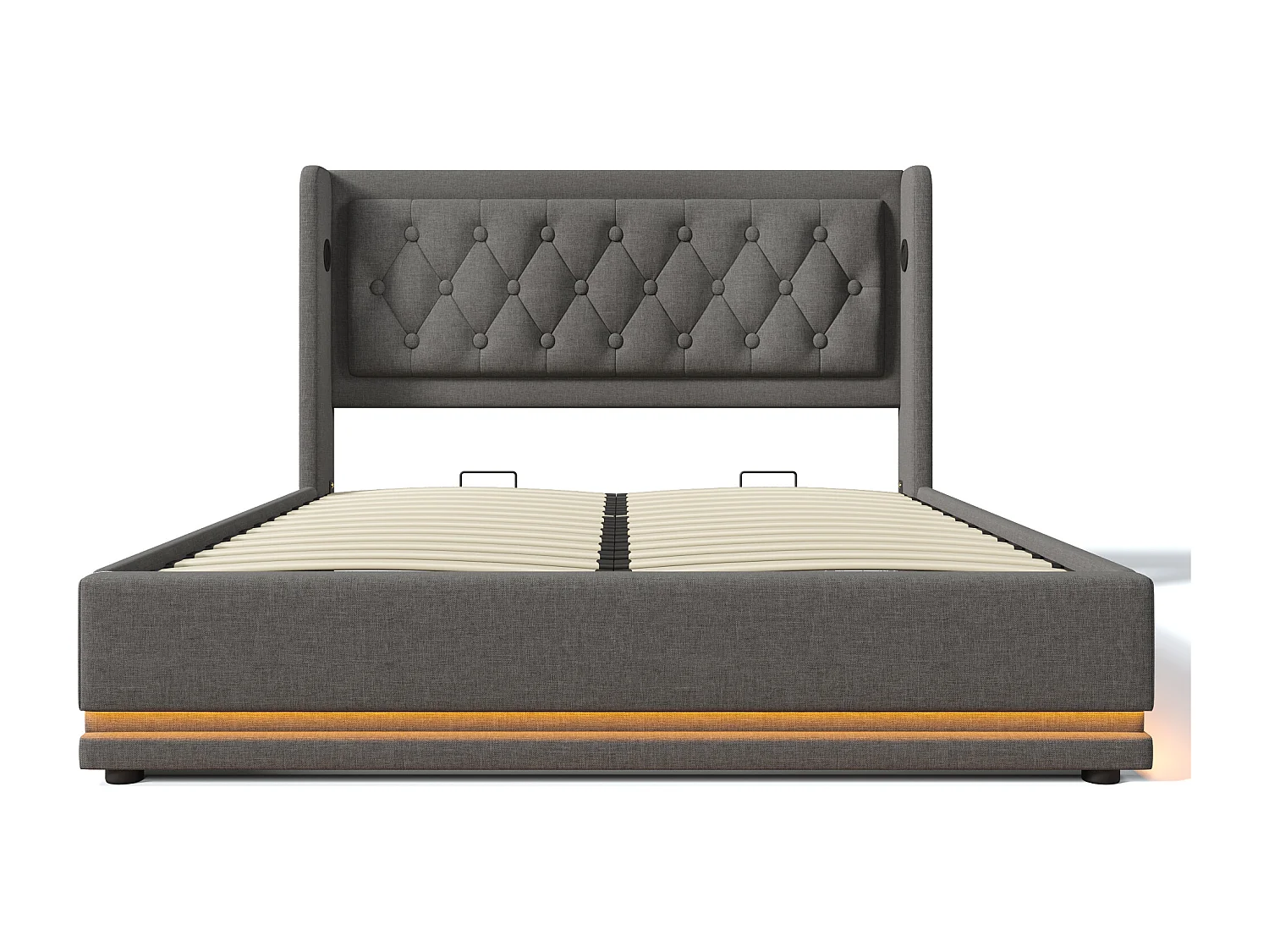 Lit coffre 160x200 cm - lit capitonné avec chargement USB Type-C et lumière LED - coton - gris - sans matelas