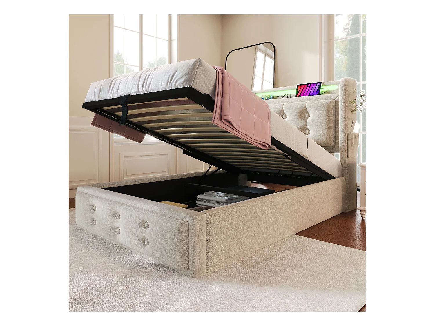 Lit coffre 90x200 cm - lit capitonné avec tête de lit LED et fonction de charge USB C - coton - beige - sans matelas