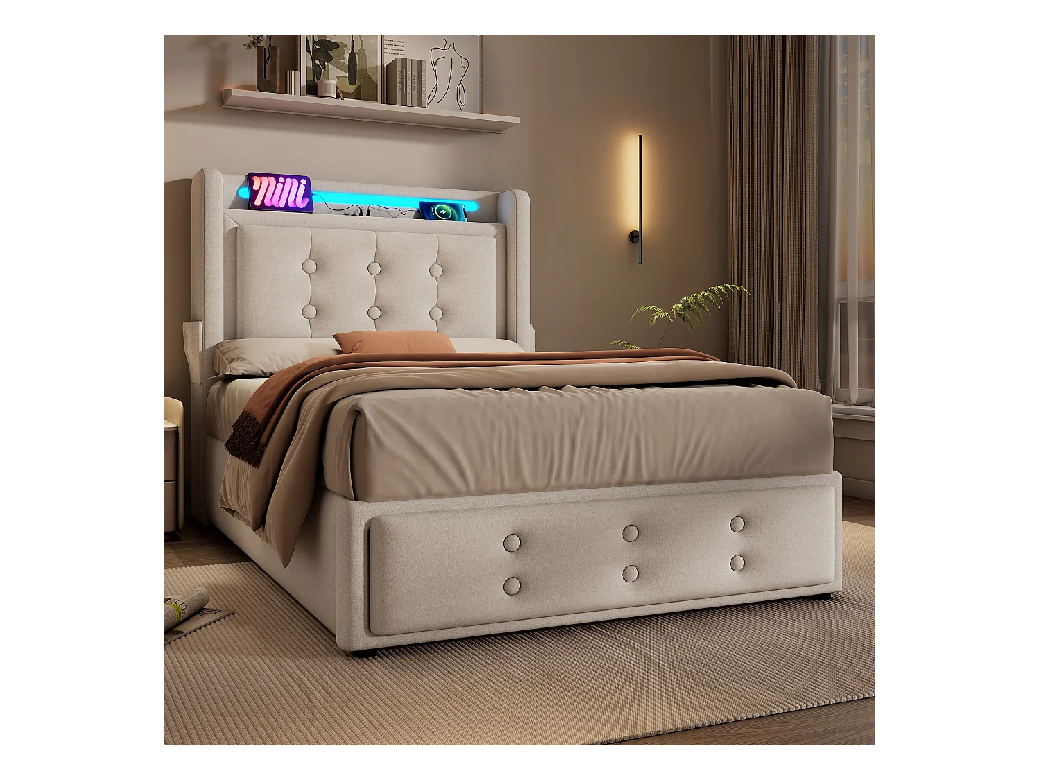 Lit coffre 90x200 cm - lit capitonné avec tête de lit LED et fonction de charge USB C - coton - beige - sans matelas