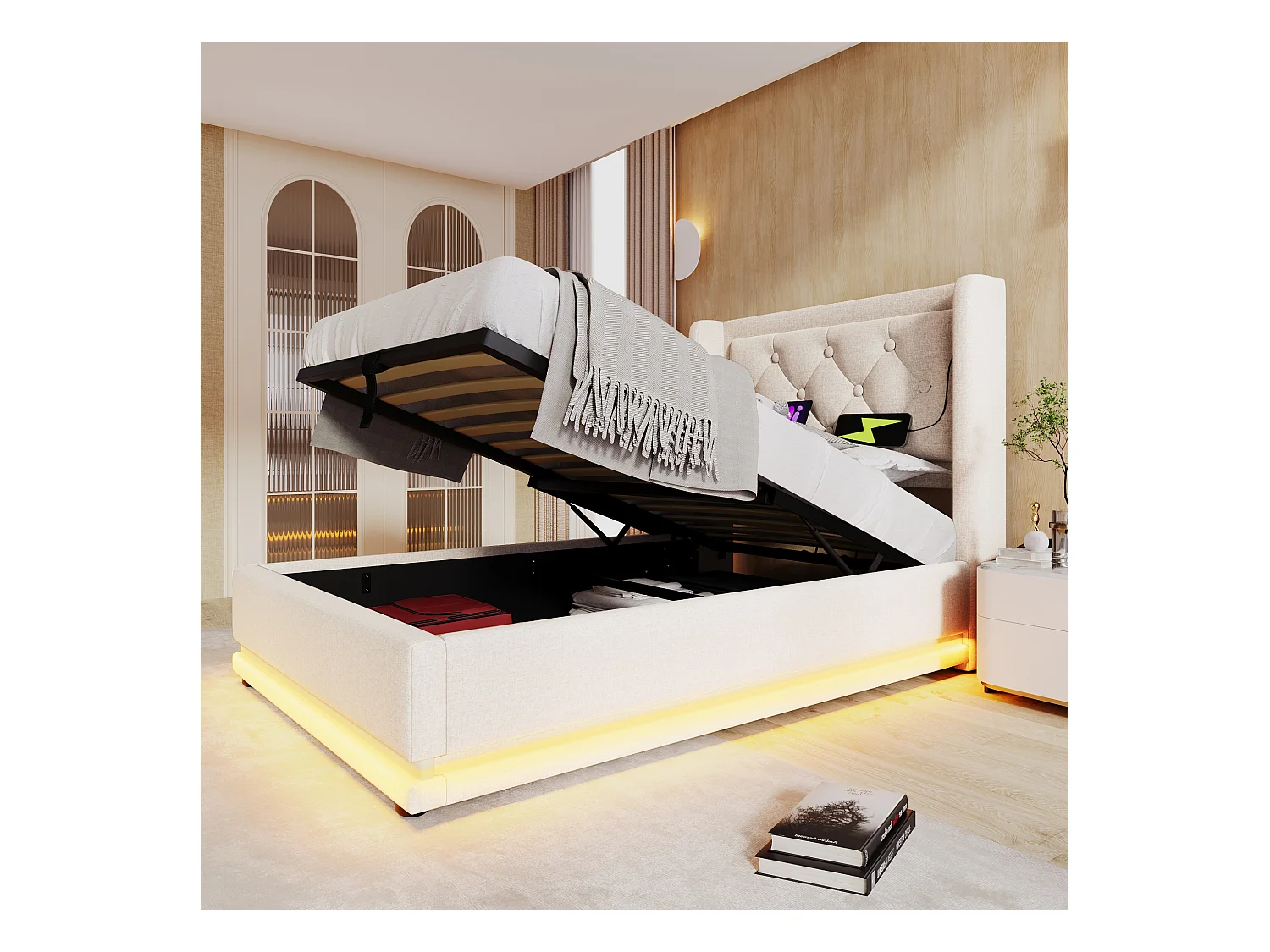 Lit coffre 90x200 cm - lit capitonné avec recharge USB Type-C et lumière LED - coton - beige - sans matelas