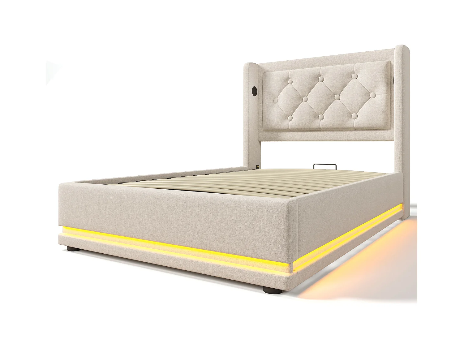 Lit coffre 90x200 cm - lit capitonné avec recharge USB Type-C et lumière LED - coton - beige - sans matelas