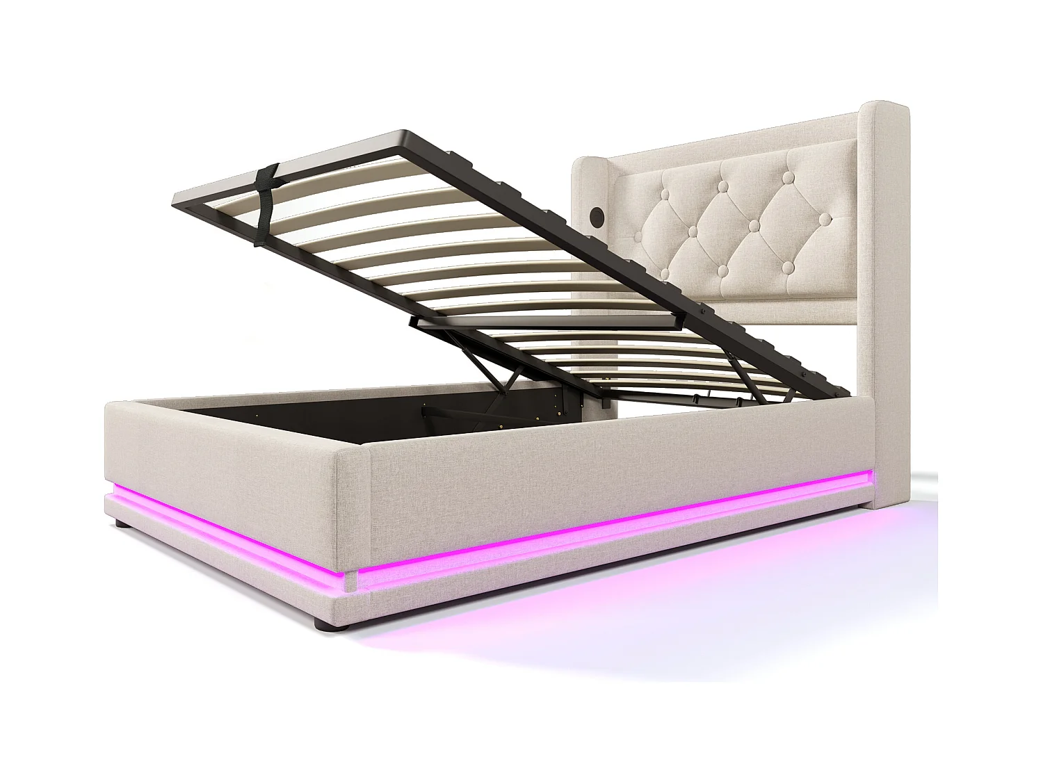 Lit coffre 90x200 cm - lit capitonné avec recharge USB Type-C et lumière LED - coton - beige - sans matelas