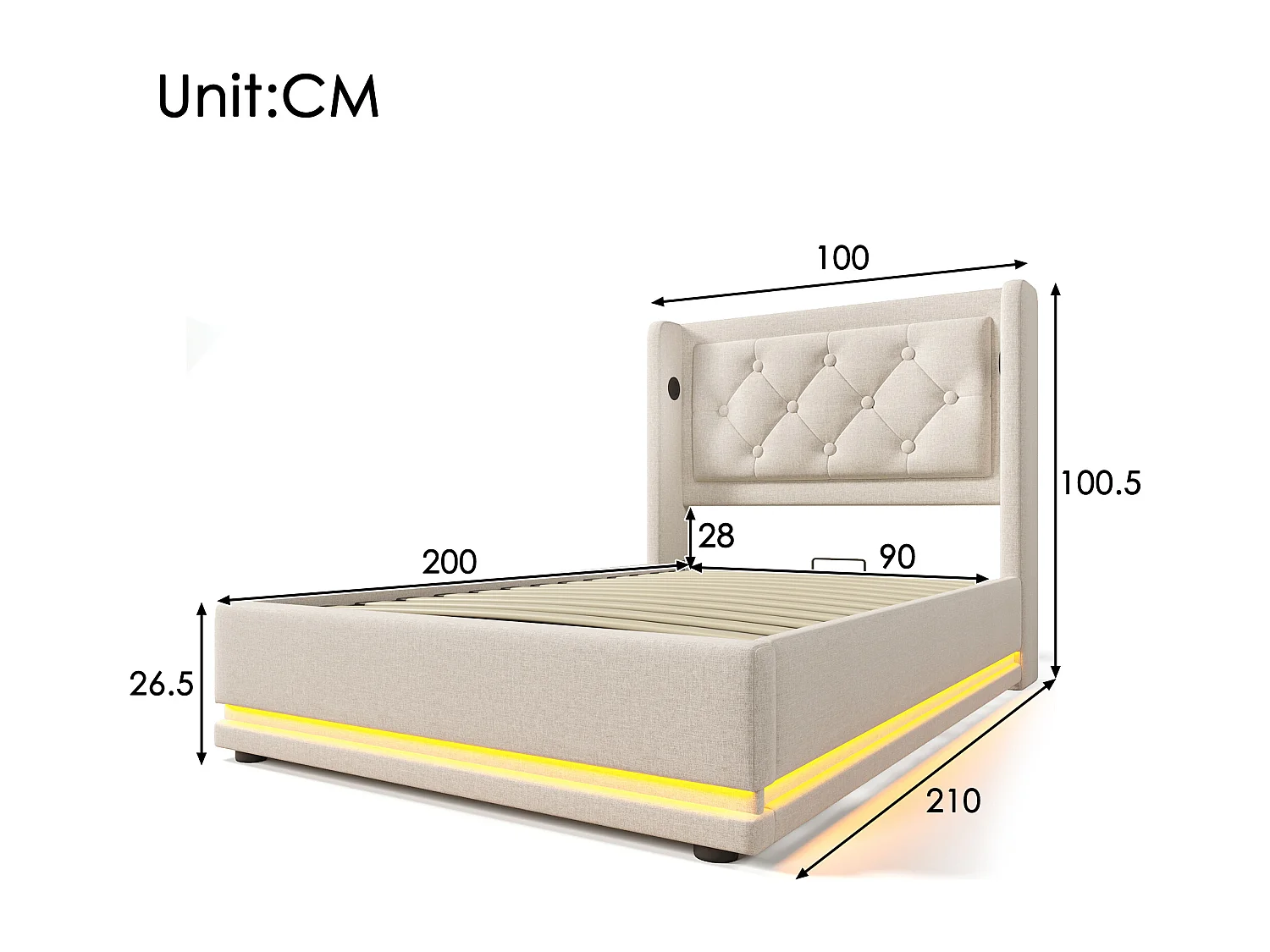 Lit coffre 90x200 cm - lit capitonné avec recharge USB Type-C et lumière LED - coton - beige - sans matelas